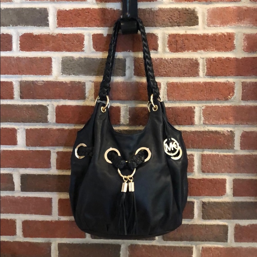 Michael Kors Black Leather Hobo Bag with Tassles